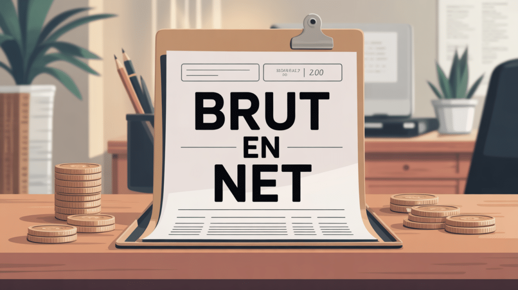 fiche de paie brut en net sur bureau, illustration moderne