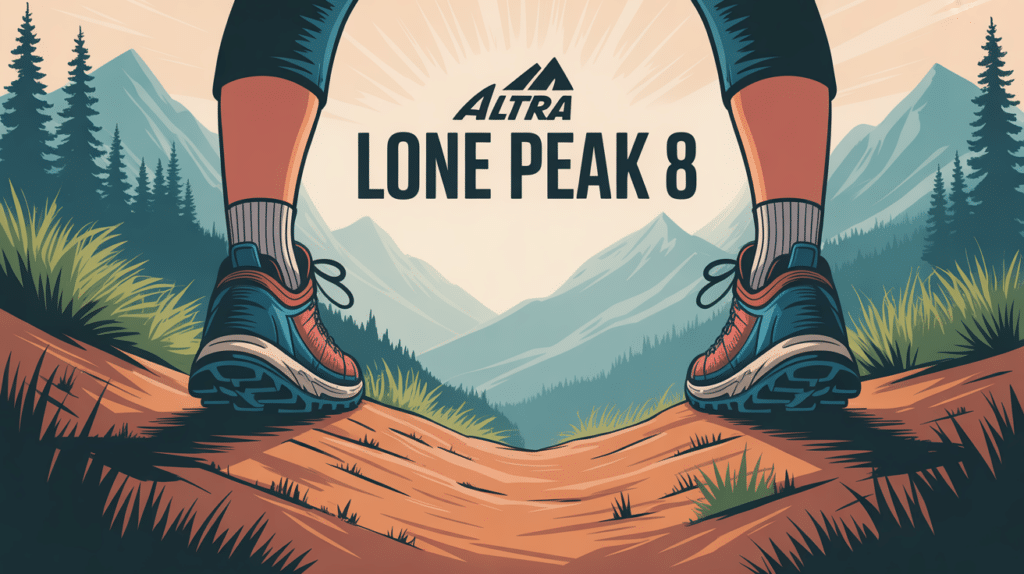 Sentier de montagne caillouteux, silhouette courant, Altra Lone Peak 8