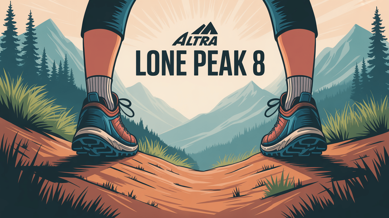 Sentier de montagne caillouteux, silhouette courant, Altra Lone Peak 8