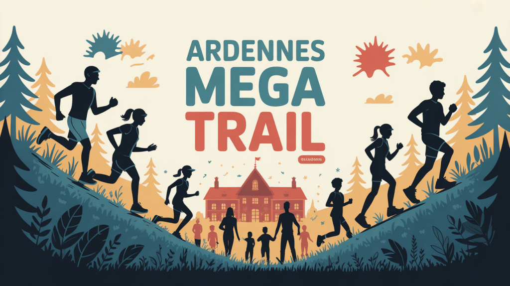 Illustration Ardennes Mega Trail coureurs et bénévoles forêt vallée Meuse Semoy