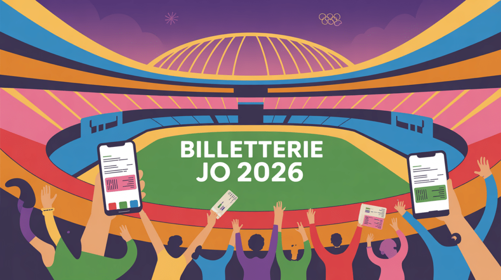 Affiche stade multicolore billets digitaux JO 2026