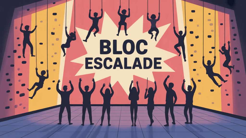 Scène de bloc escalade, salle animée, ambiance conviviale