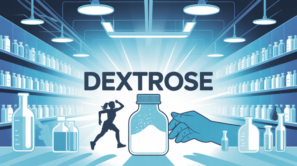 Image stylisée de laboratoire moderne, sportif et main médicale autour d'un flacon de poudre dextrose