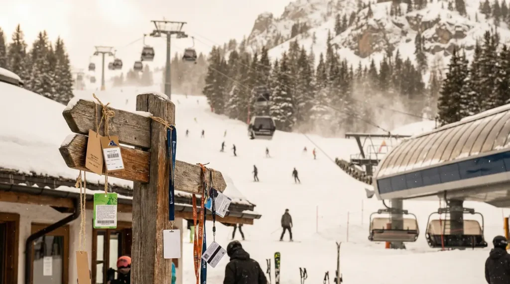 Vue station montagne avec forfait ski panneaux tarifs