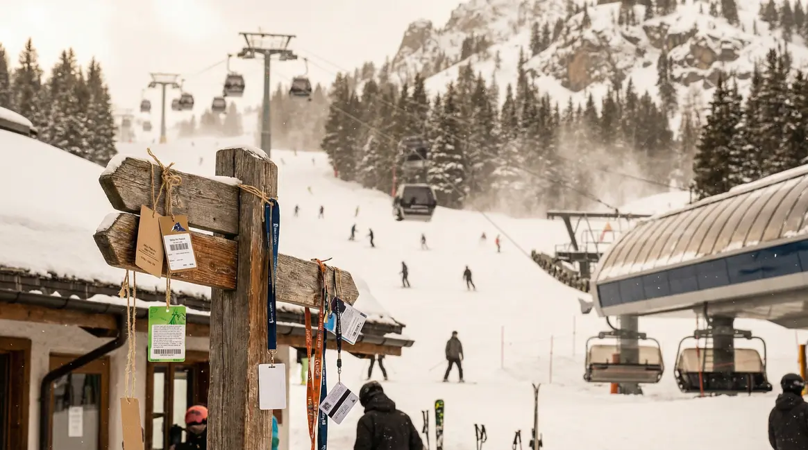 Ver estación de montaña con paneles de precio de paso de esquí