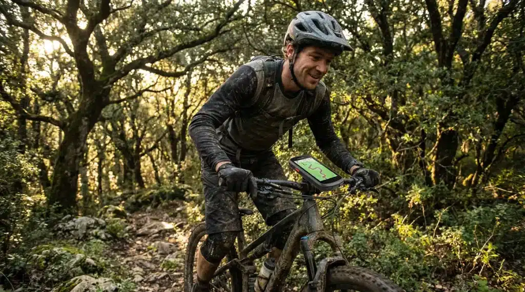 cycliste vtt sous bois gps trace visible