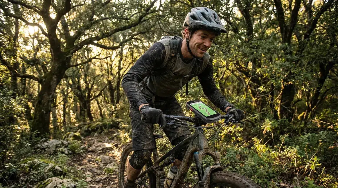 cycliste vtt sous bois gps trace visible