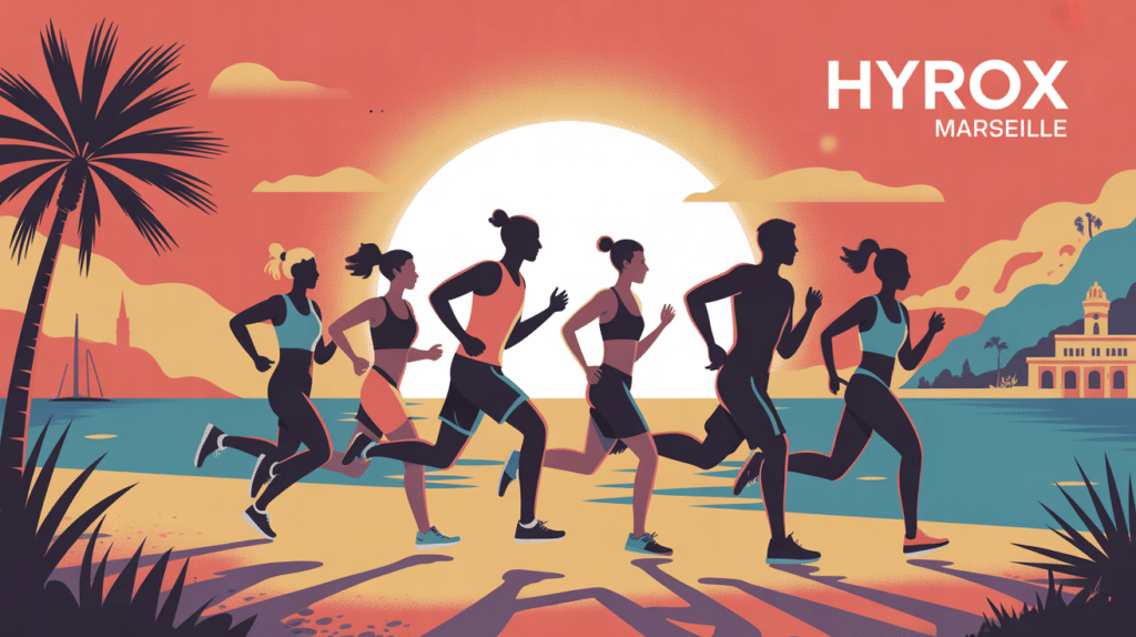 Illustration groupe sportif Hyrox Marseille ambiance méditerranéenne