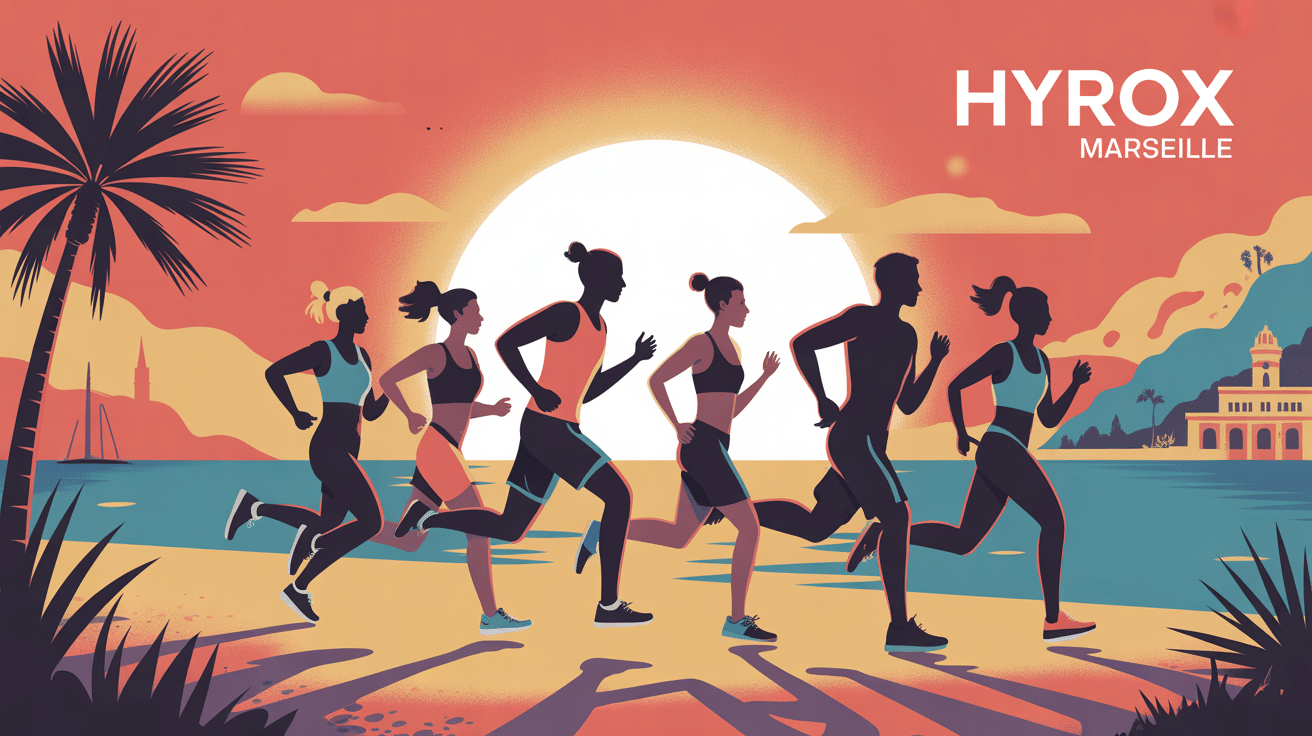 Illustration groupe sportif Hyrox Marseille ambiance méditerranéenne