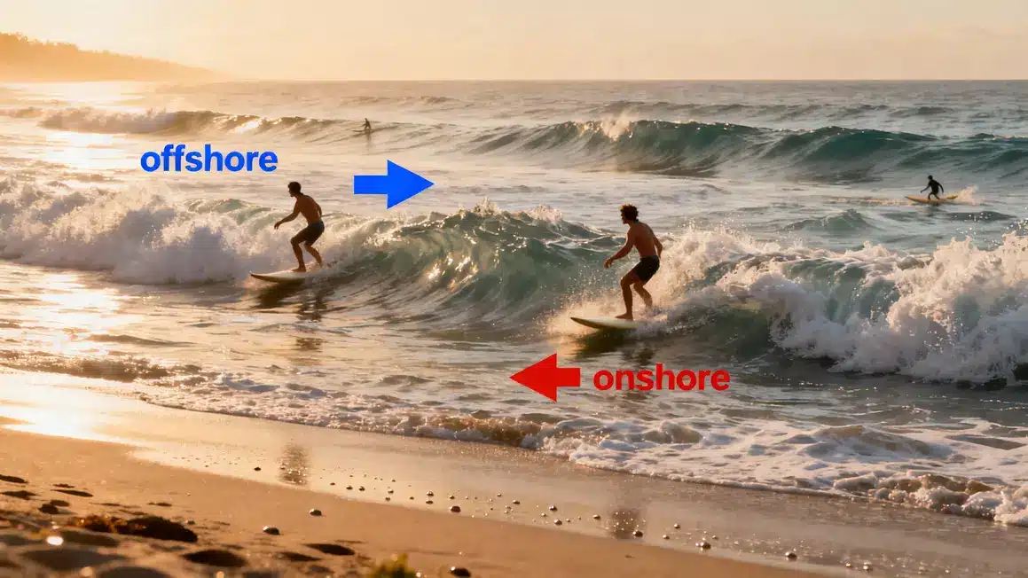 Vent offshore onshore surf plage differences