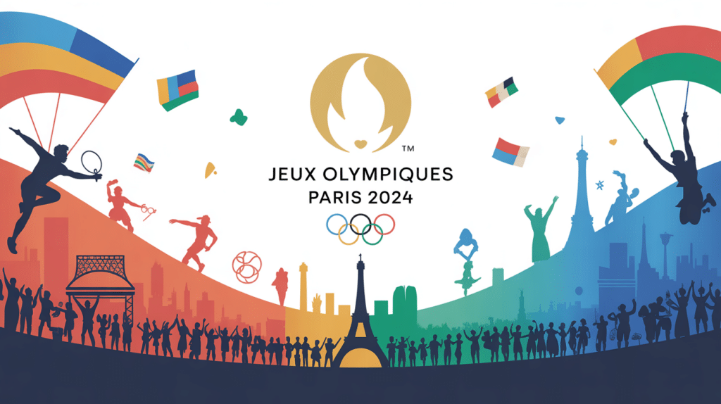 Scène illustrée Paris JO 2024 sportifs foule monuments