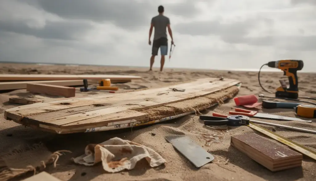 Planche de kiteboard recyclée DIY sur plage avec outils et matériaux