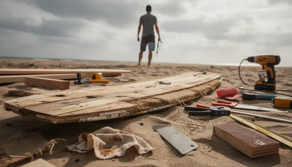 Planche de kiteboard recyclée DIY sur plage avec outils et matériaux