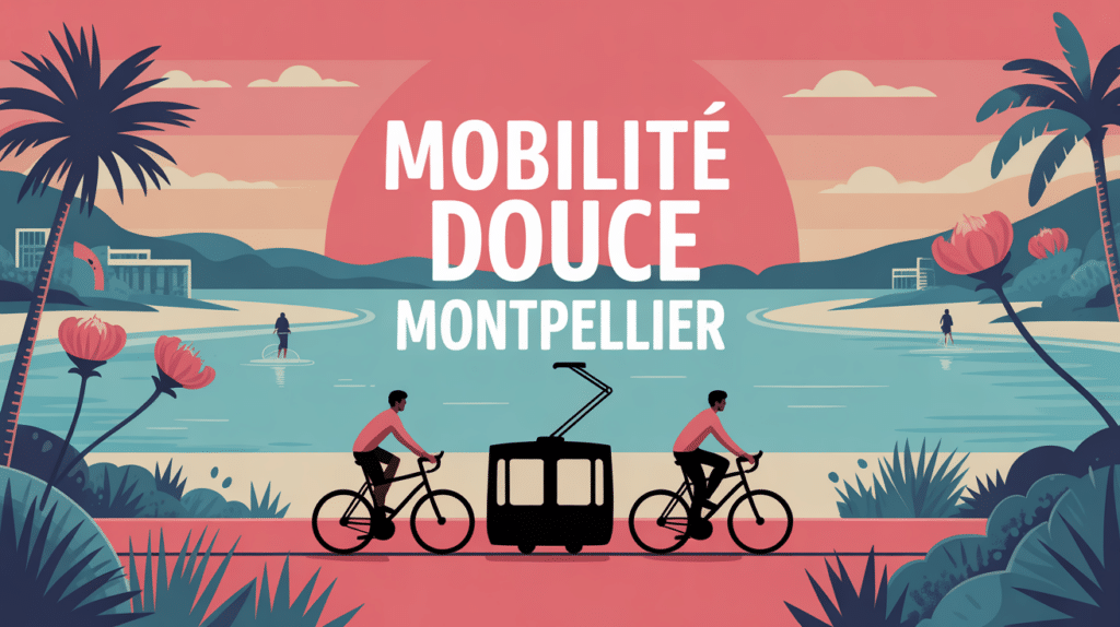 mobilite douce montpellier illustration cyclistes tram plage flamants roses