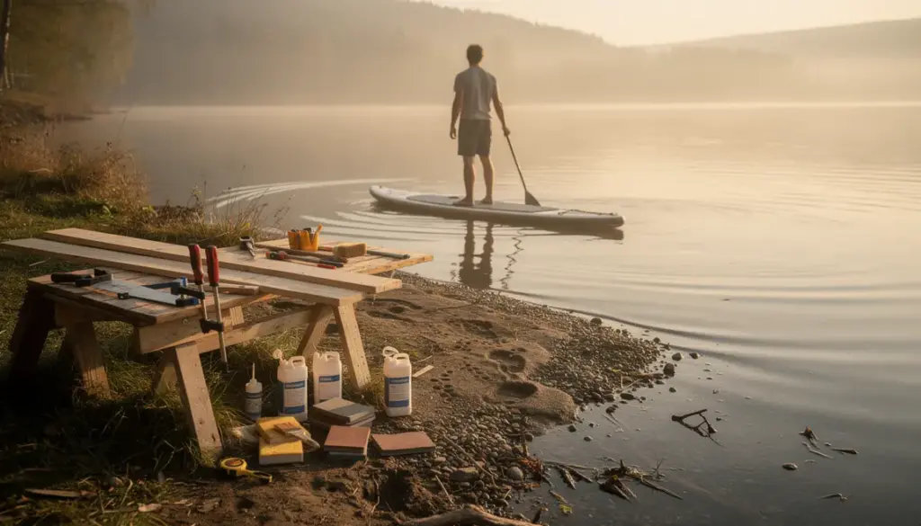 Planche paddleboard DIY sur lac matin outils