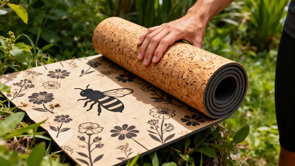 main tenant tapis yoga liège caoutchouc papier ensemencé