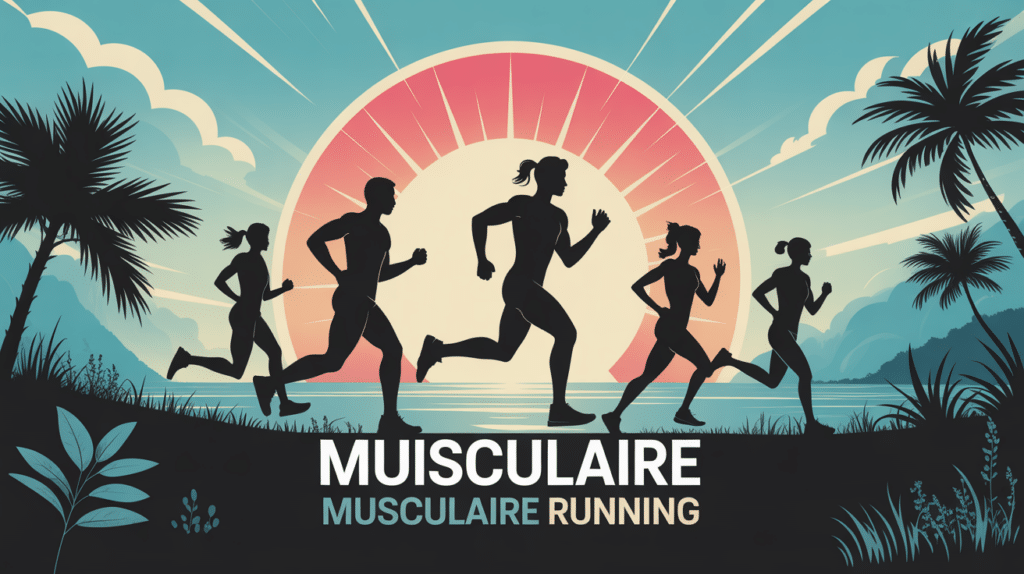 Silhouettes courant sur sentier boisé et plage avec texte Renforcement musculaire running