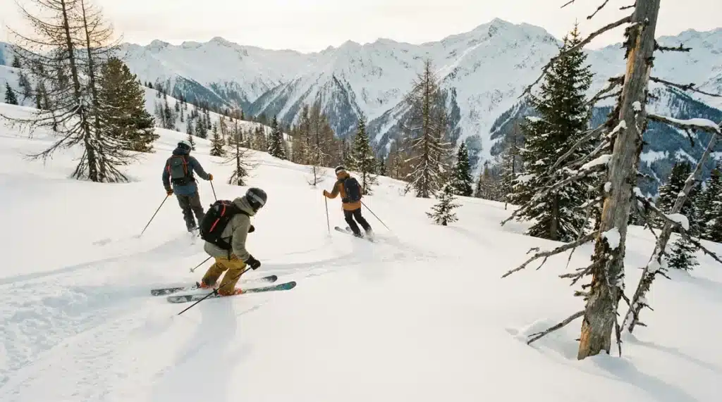 skieurs freeride descente poudreuse montagne