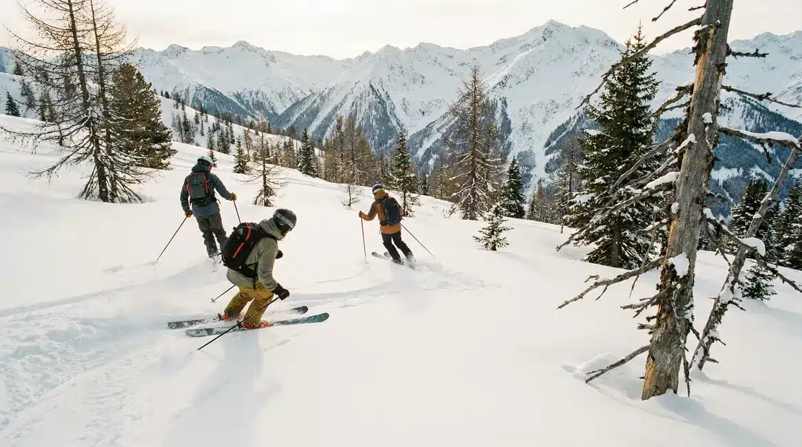freeride esquiadores cuesta abajo en polvo montaña