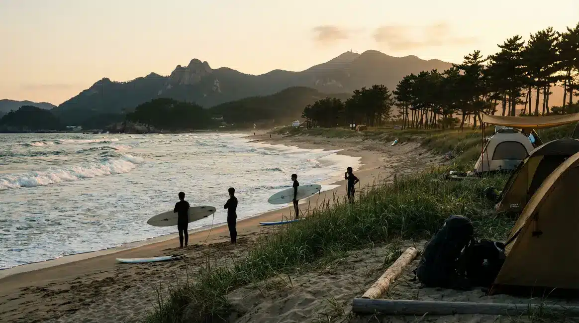 plage surf en coree du sud avec vagues et montagnes