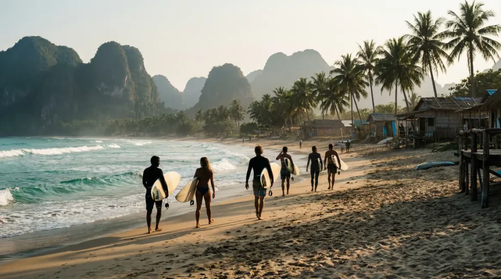 Scène surf en Chine silhouettes sur plage tropicale eau turquoise