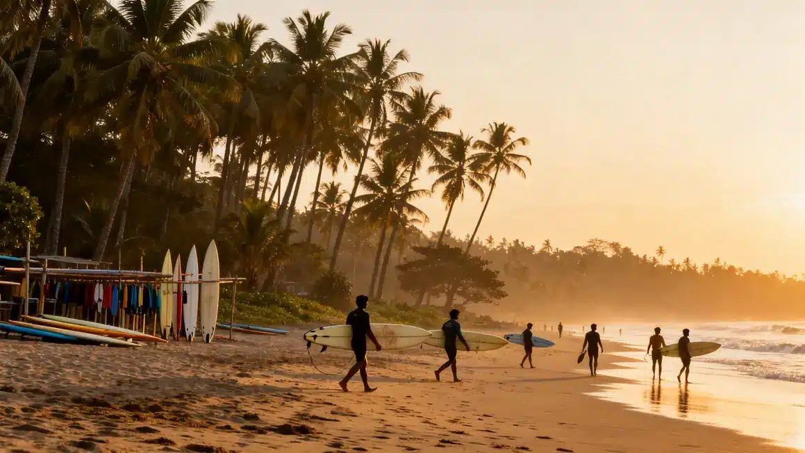 surfeurs et clubs sur plage inde ambiance matinale