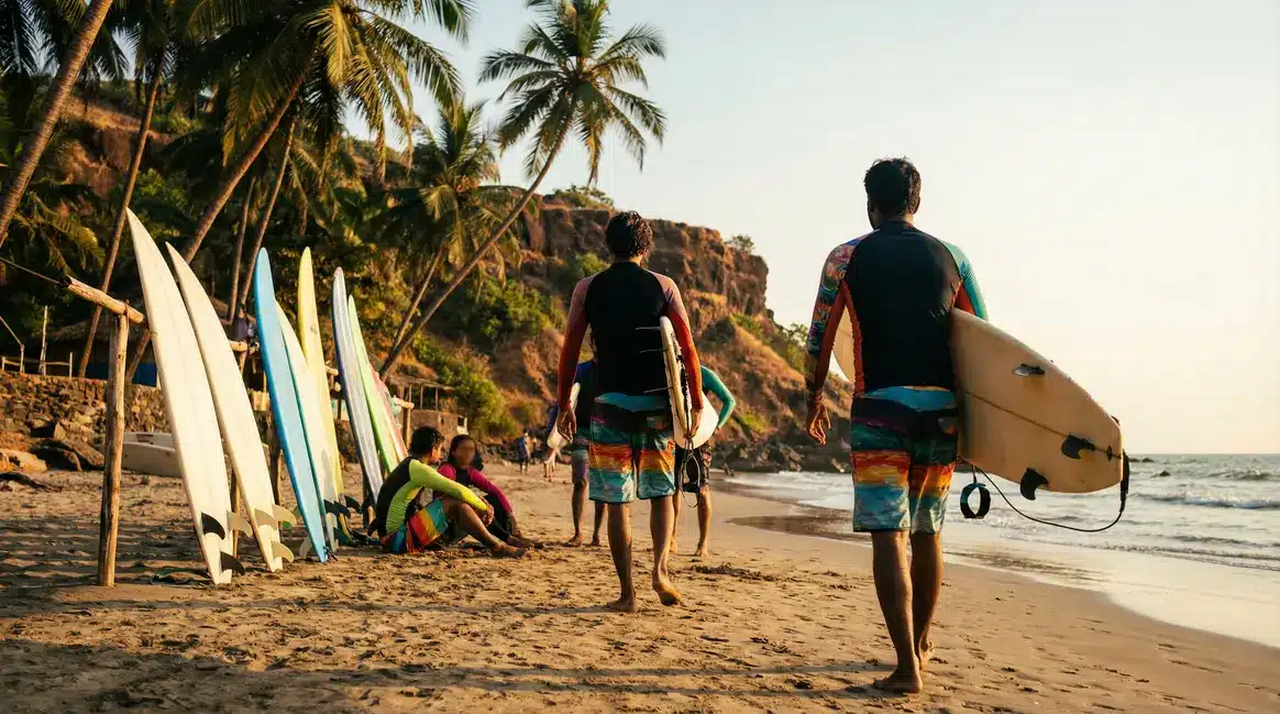surfista en inde playa tropical con tablas y árboles de coco