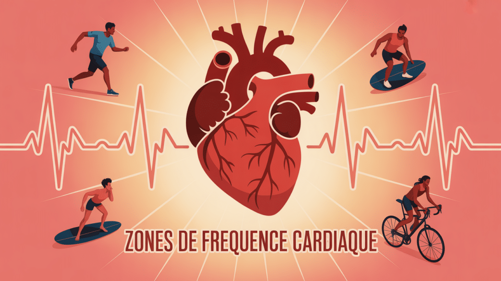 Illustration coeur, courbes de rythme et sportifs zones de frequence cardiaque