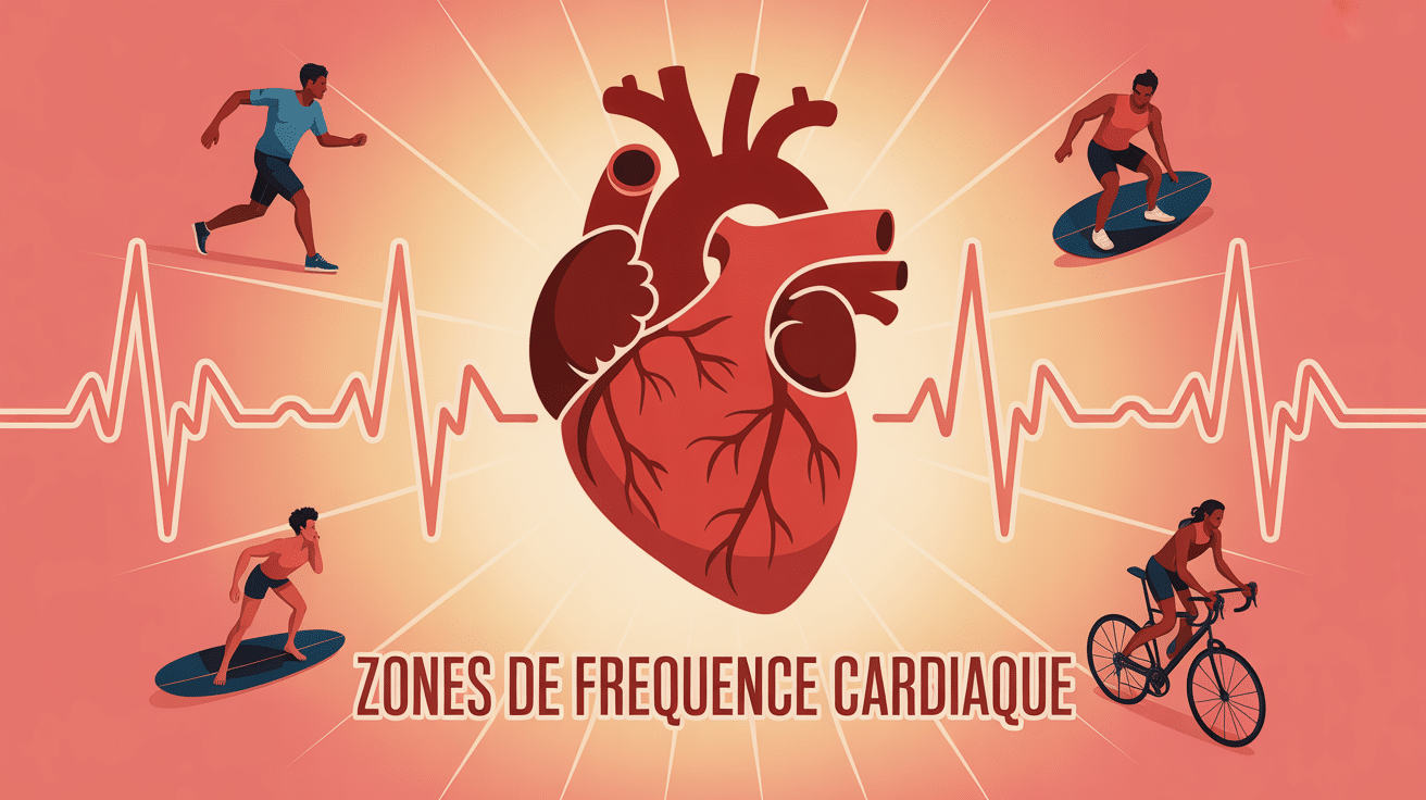 Illustration coeur, courbes de rythme et sportifs zones de frequence cardiaque