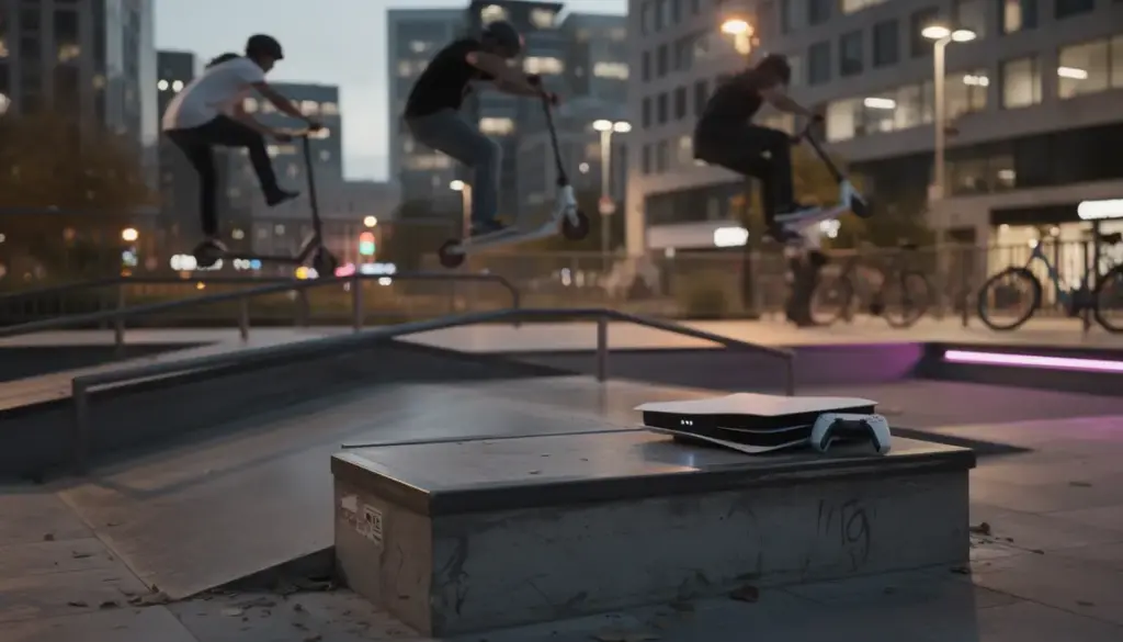 jeu de trottinette PS4 tricks urbain en soirée ambiance néon