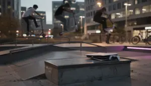 jeu de trottinette PS4 tricks urbain en soirée ambiance néon