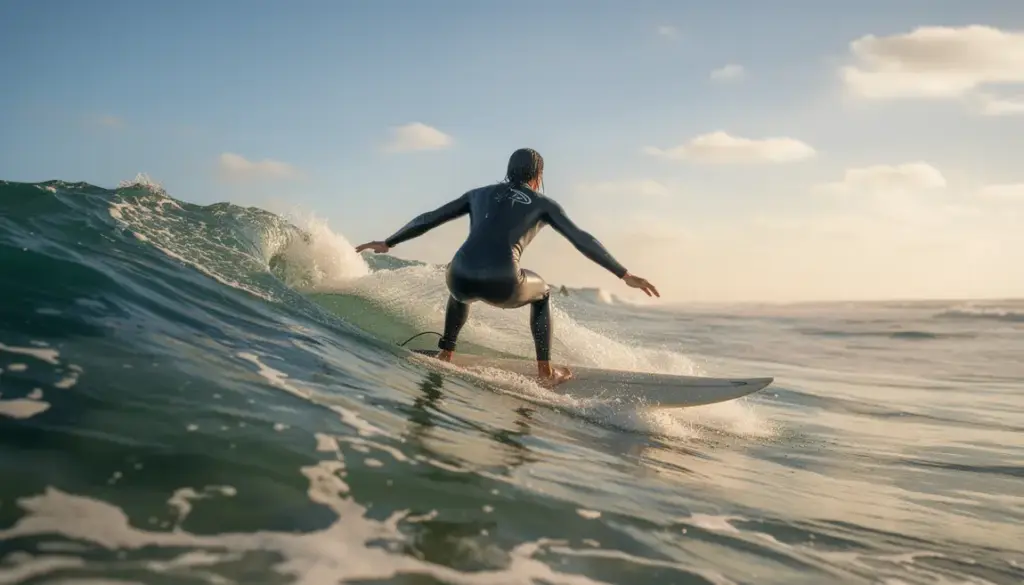 Surfeur équilibre sur vague, posture dynamique, océan