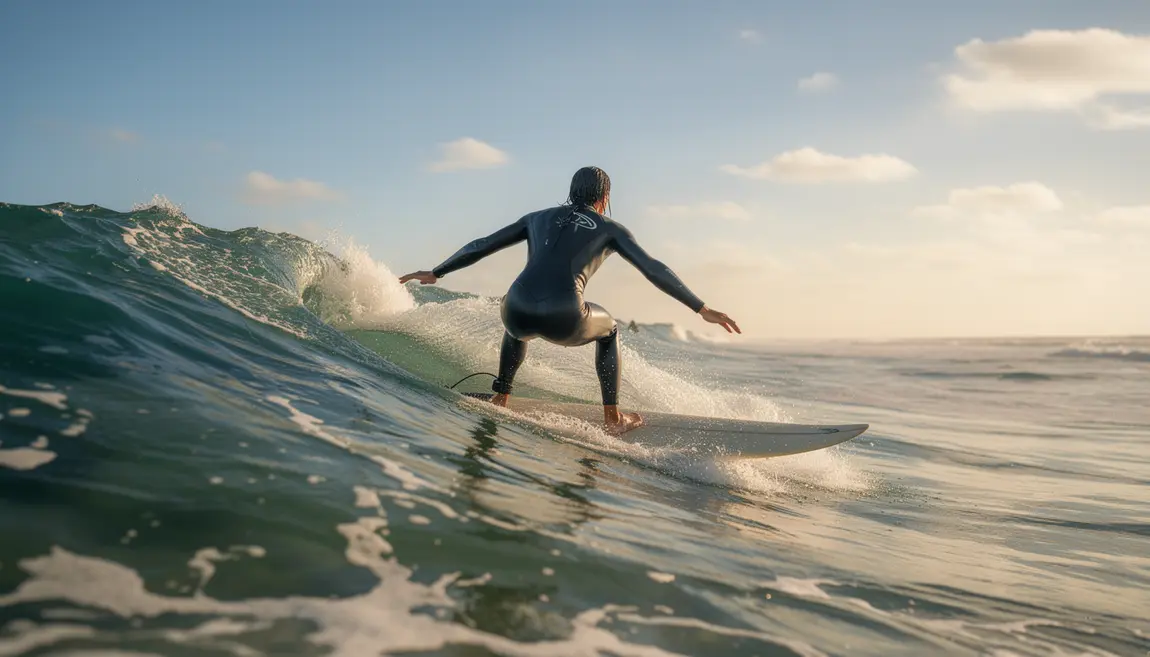 Surfeur équilibre sur vague, posture dynamique, océan