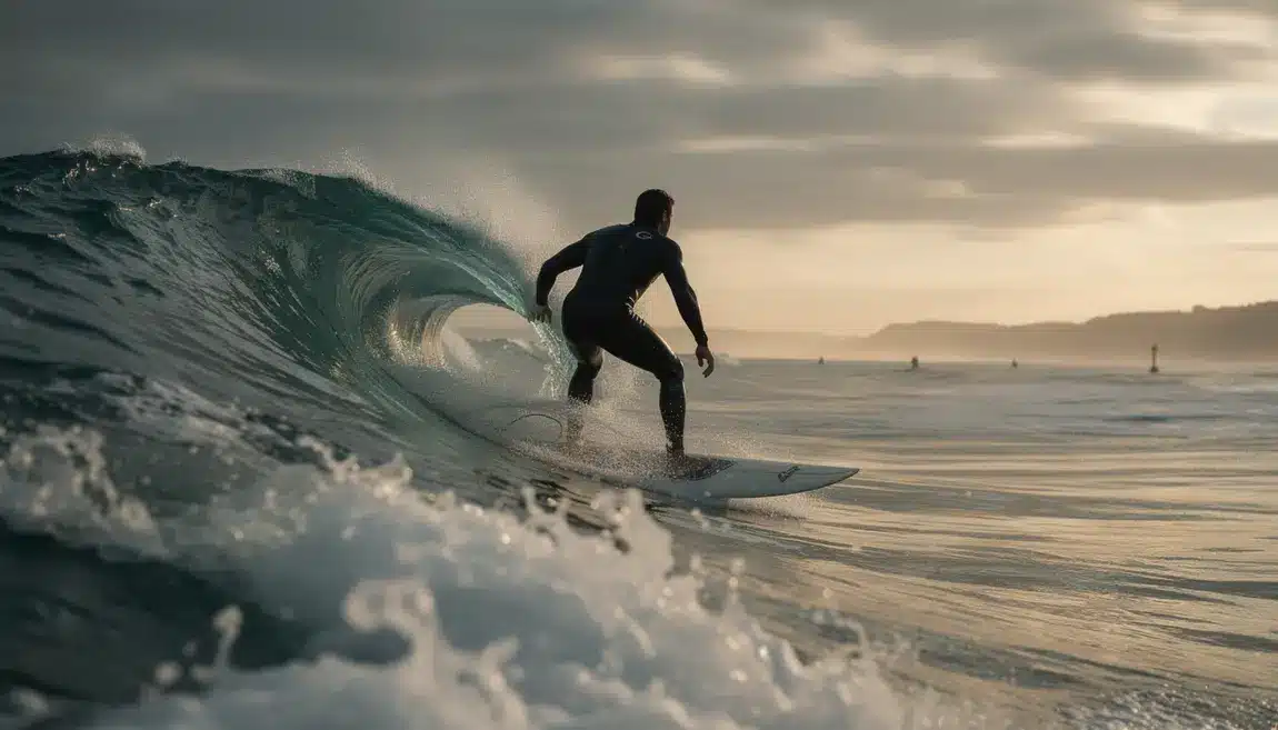 Surfeur silhouette vague puissante effort physique