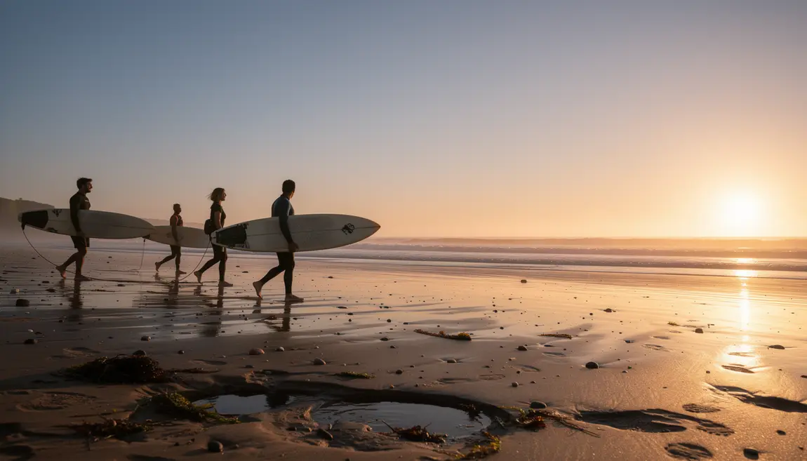 Surfeurs plage lever soleil aventure liberté