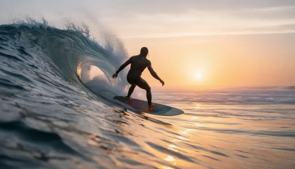 Surfeur de dos sur vague, illustrant mobilité et souplesse surf