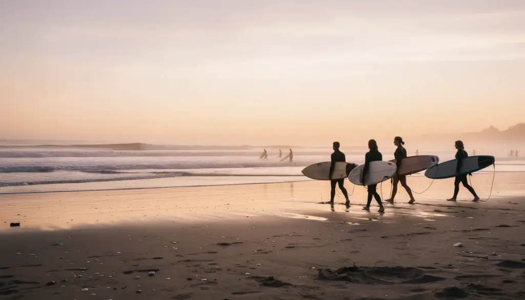 Surfeurs marchant vers l'eau au lever du soleil, ambiance bien-être surf