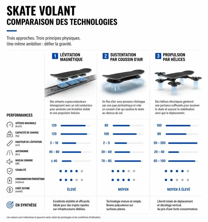 Infographie comparative des technologies de skate volant : lévitation magnétique, coussin d'air et hélices.