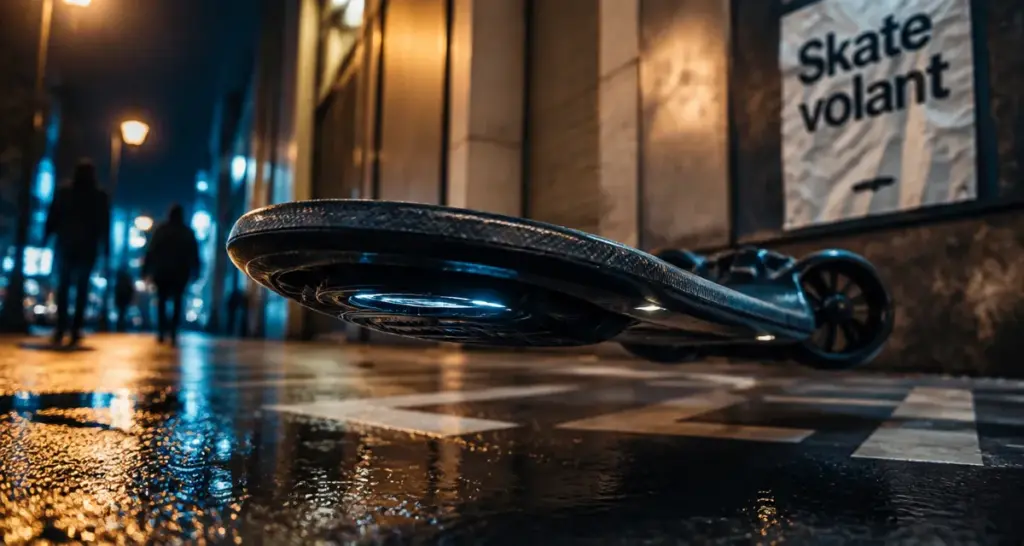 Skate volant réel : planche en lévitation au-dessus d’un trottoir humide