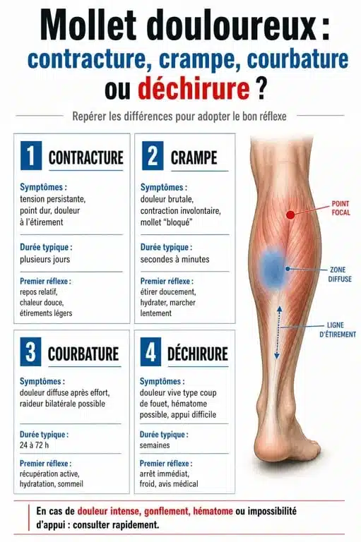 Contracture au mollet que faire : tableau comparatif des douleurs musculaires et des premiers gestes
