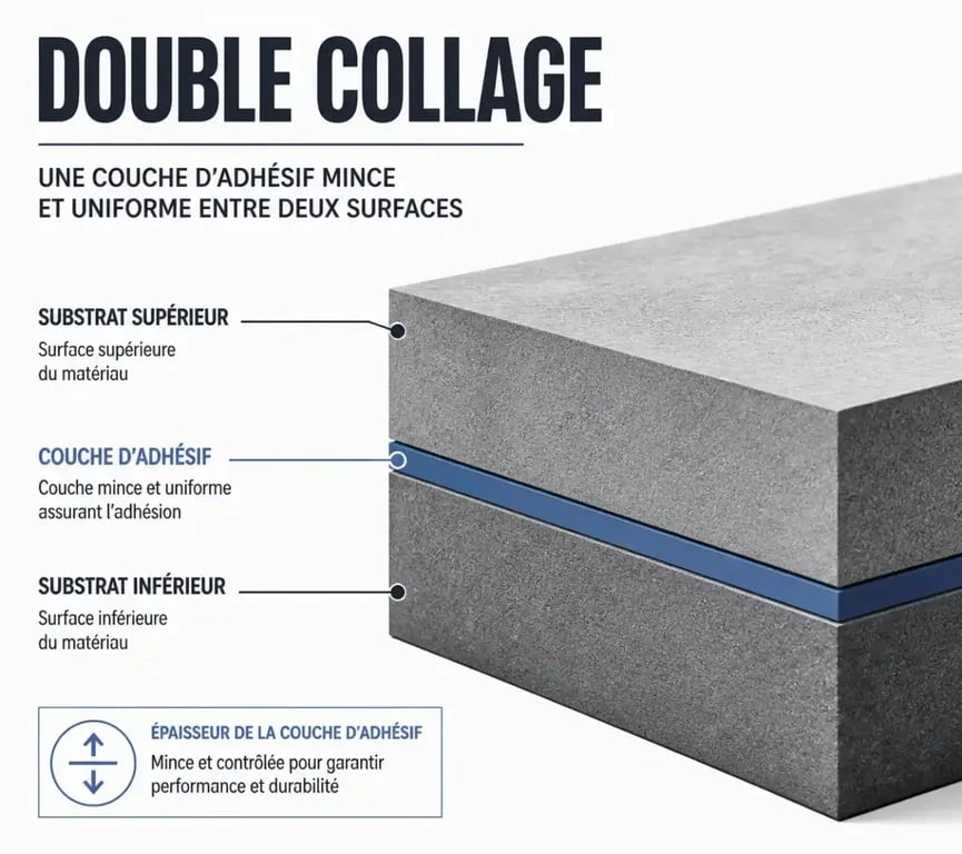 Schéma technique illustrant le double encollage avec une bombe néoprène pour une adhérence optimale
