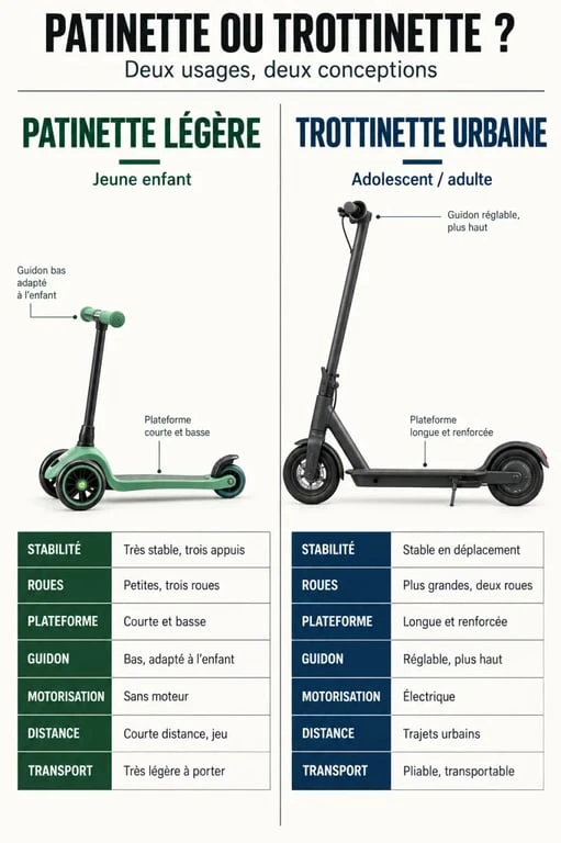Comparatif trottinette ou patinette : différences de stabilité, roues, usage et motorisation