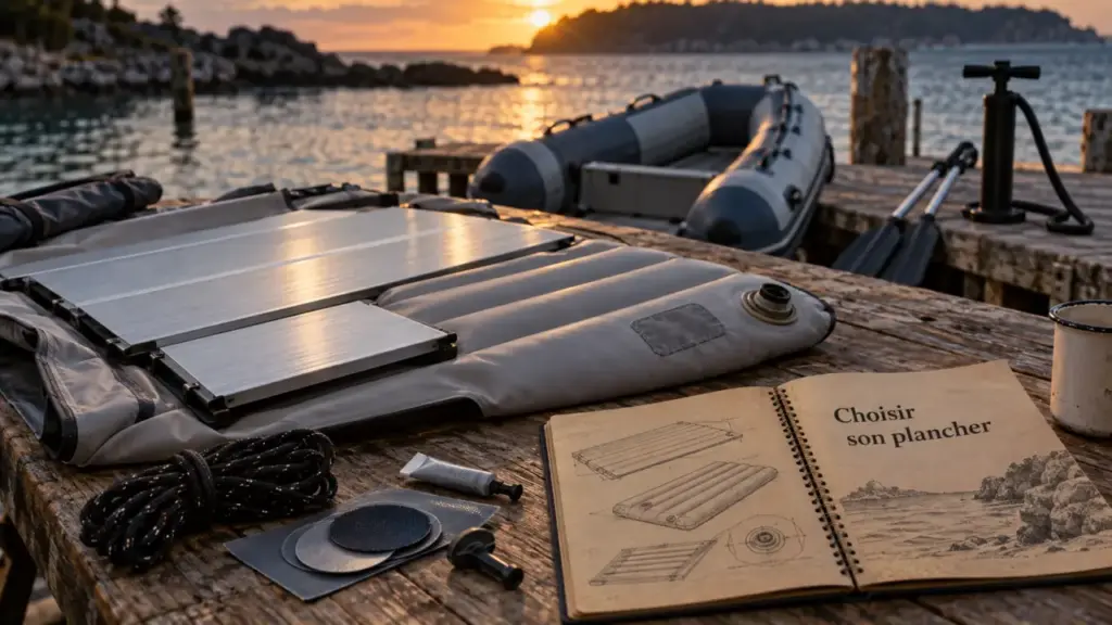 Gonflable bateau : plancher gonflable et kit de réparation sur table