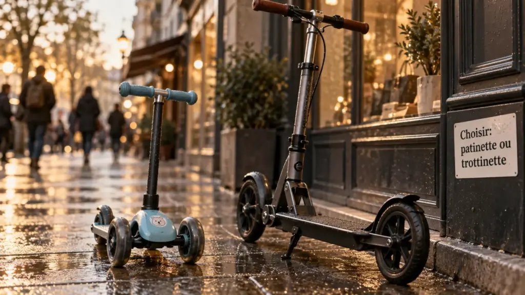 Trottinette ou patinette : engins côte à côte sur trottoir urbain humide